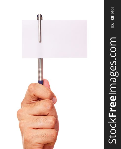 Hand showing a pen and a blank card over white background
