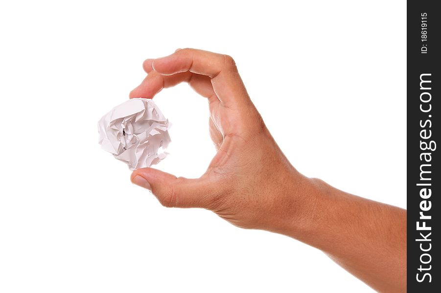 Hand showing a crumpled white paper over white background