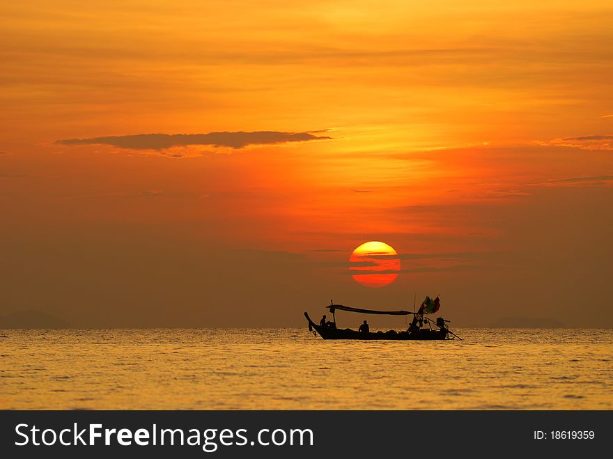 Sunset view motor boat silhouette colorful background. Sunset view motor boat silhouette colorful background