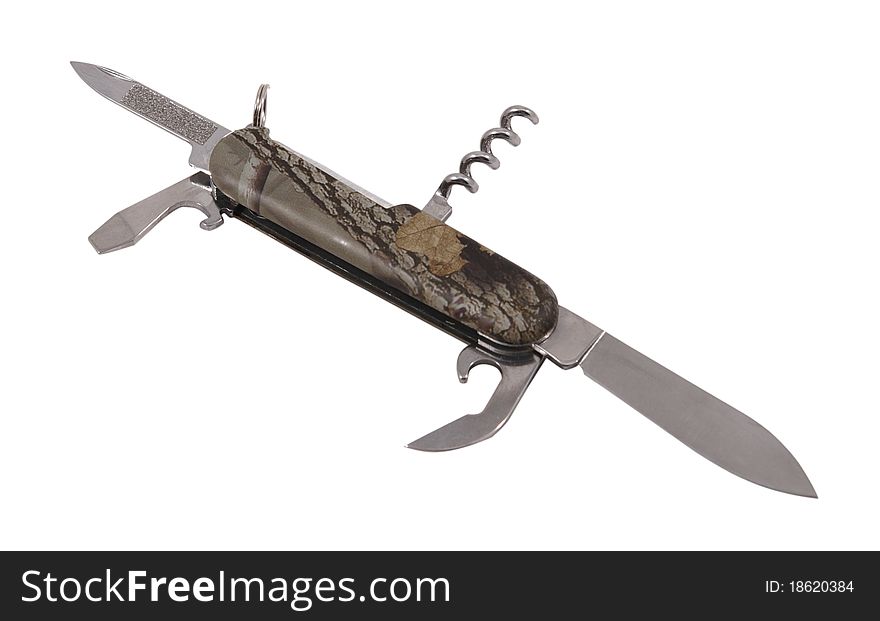 Knife pocket with the camouflage handle spread out with an edge, a nail file, a corkscrew On the isolated white background