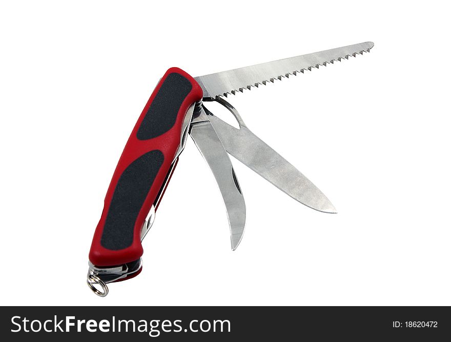 Knife folding with the red-black handle, with a saw, an edge, a screw-driver on the isolated white background