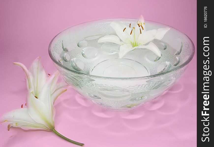 Spa bowl with clean water with lily petals. Spa bowl with clean water with lily petals