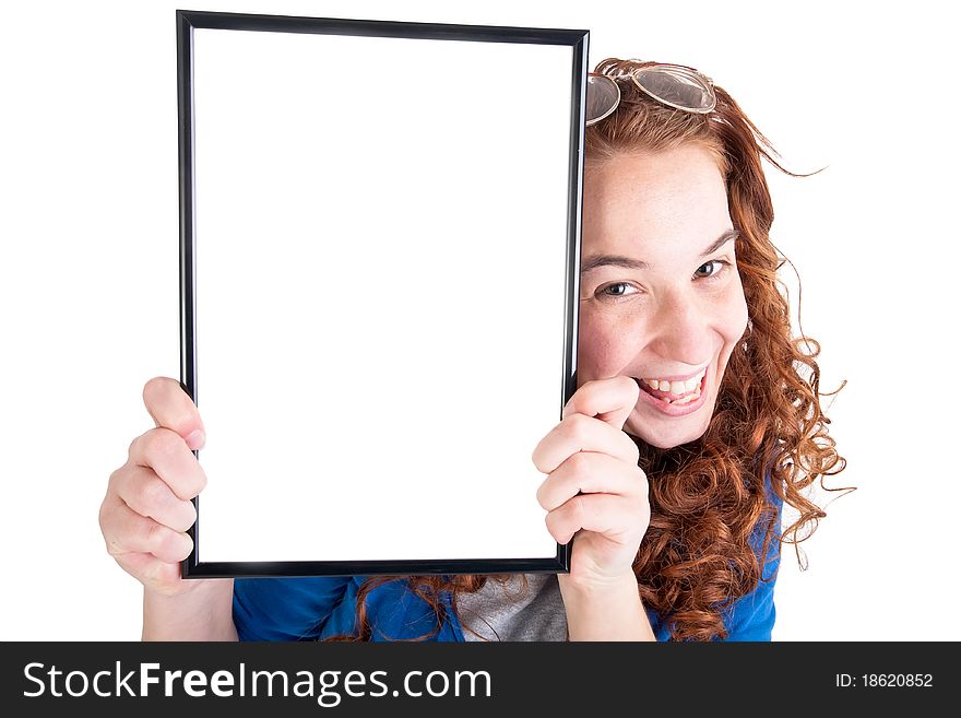 Beautiful teen girl show a table on white background