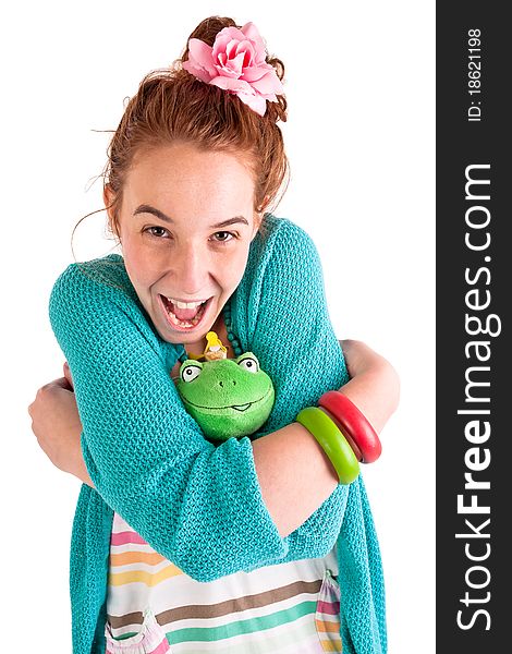 Beautuful teen girl with green frog on white background. Beautuful teen girl with green frog on white background