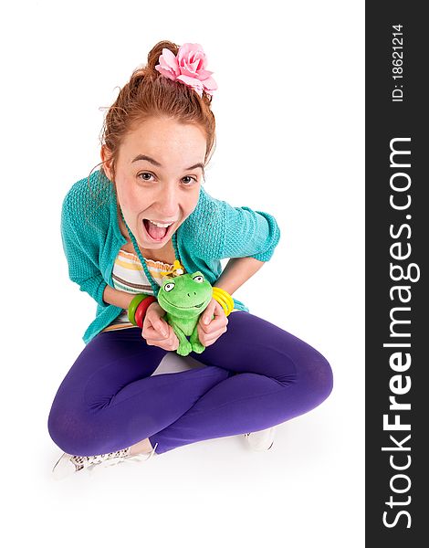 Beautuful teen girl with green frog on white background. Beautuful teen girl with green frog on white background