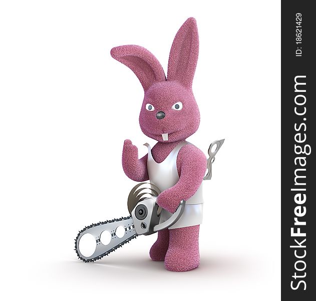 Chainsaw rabbit - funny and pink. Isolated on white.