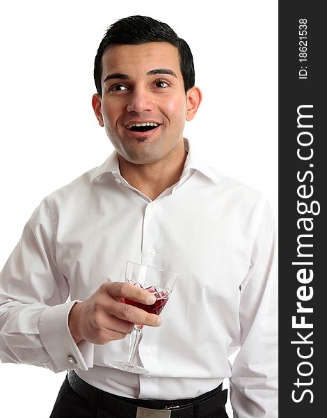 Happy professional  man looking up and holding a glass of wine.  Space for copy.  White backgound. Happy professional  man looking up and holding a glass of wine.  Space for copy.  White backgound.