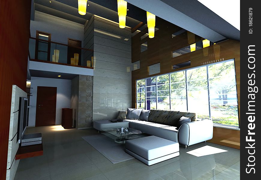 Interior fashionable living-room 3D rendering. Interior fashionable living-room 3D rendering