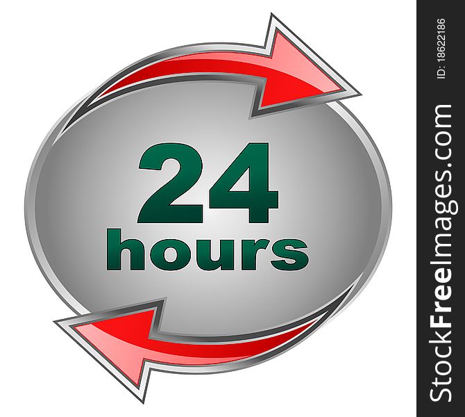 Illustration of 24 hours icon with red arrows. Illustration of 24 hours icon with red arrows