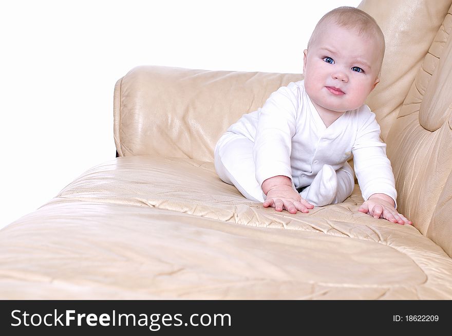 Baby  Crawls On A Leather Sofa.