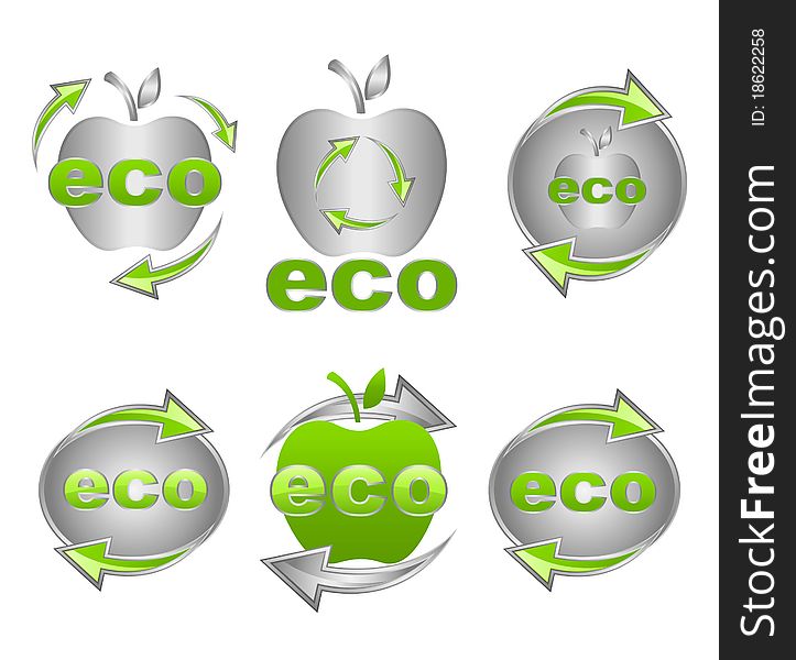Set of ecology icons in green and silver