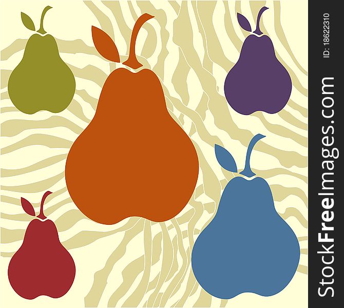 Illustration with bright colored pears on beige lines background. Illustration with bright colored pears on beige lines background