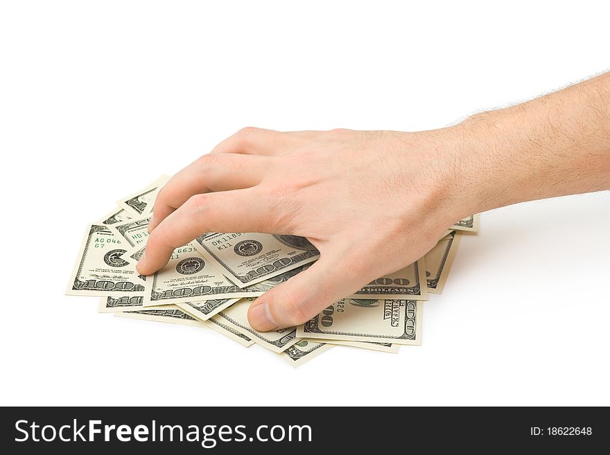 Hand and money isolated on white background