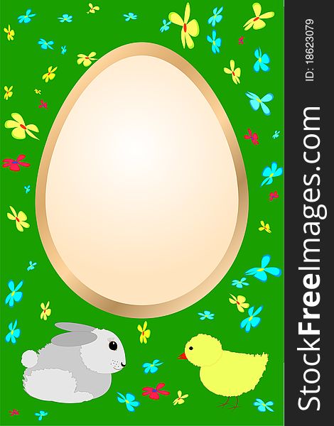 Easter card with rabbit, chicken and flowers on a green background