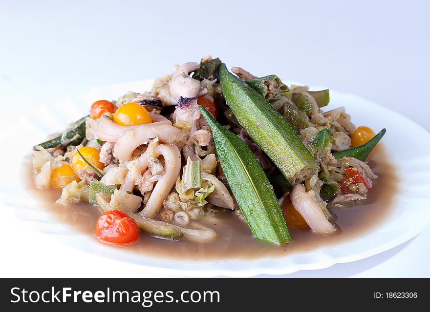 Tasty seafood cooked with fresh vegetables. Tasty seafood cooked with fresh vegetables