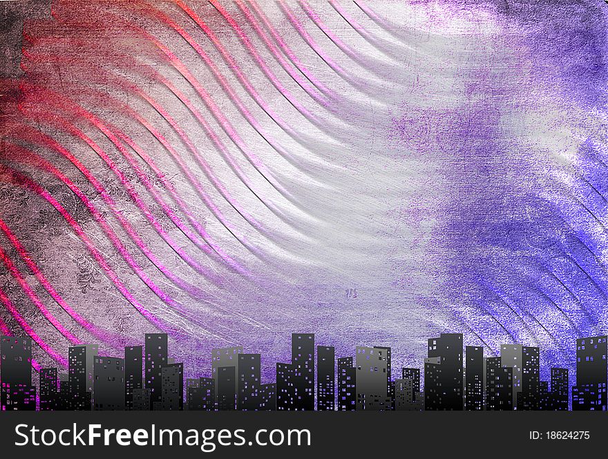 Big city skyline, textural retro background With drawing elements