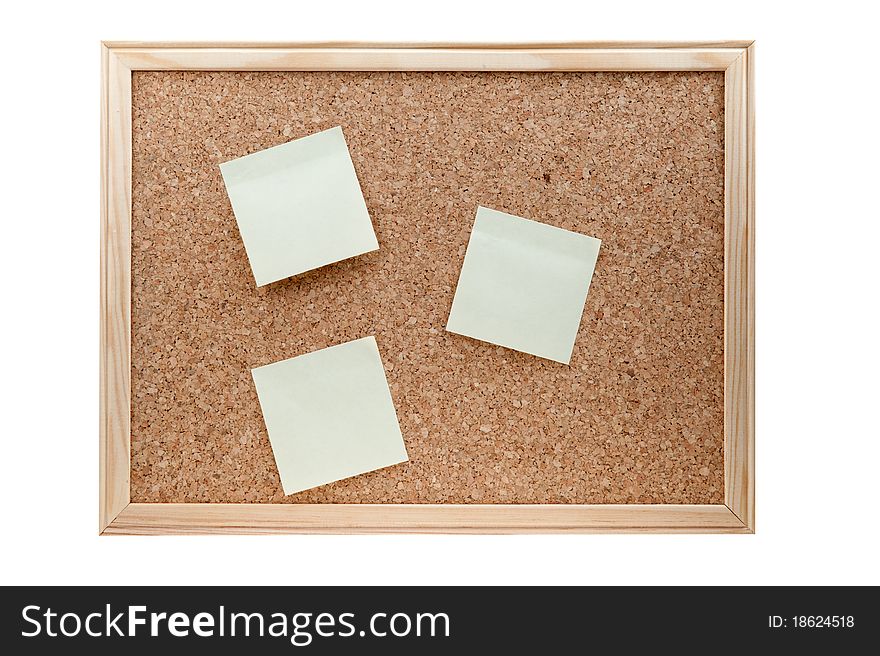 Different sticky notes on a cork board isolated on a white background