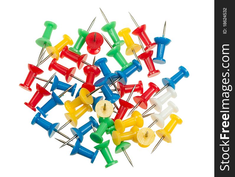 Lots of pushpins in different colors isolated on a white background