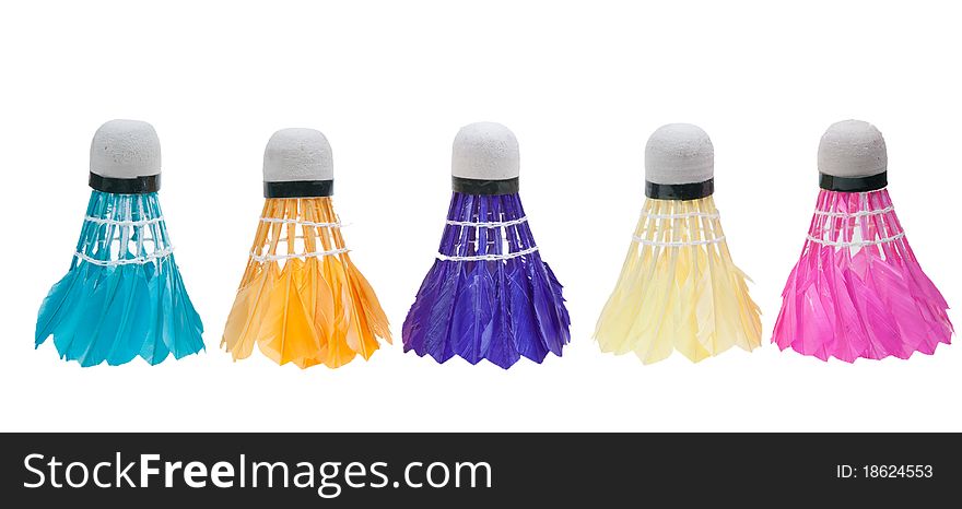 Shuttlecocks in five different colors isolated on a white background