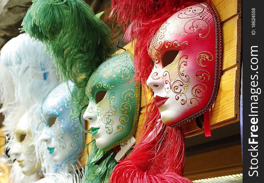 Several colorful vanice masks, red green blue and white. Several colorful vanice masks, red green blue and white