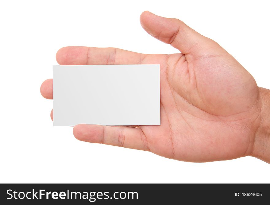 Hand showing blank card with space in blank for insert text or design