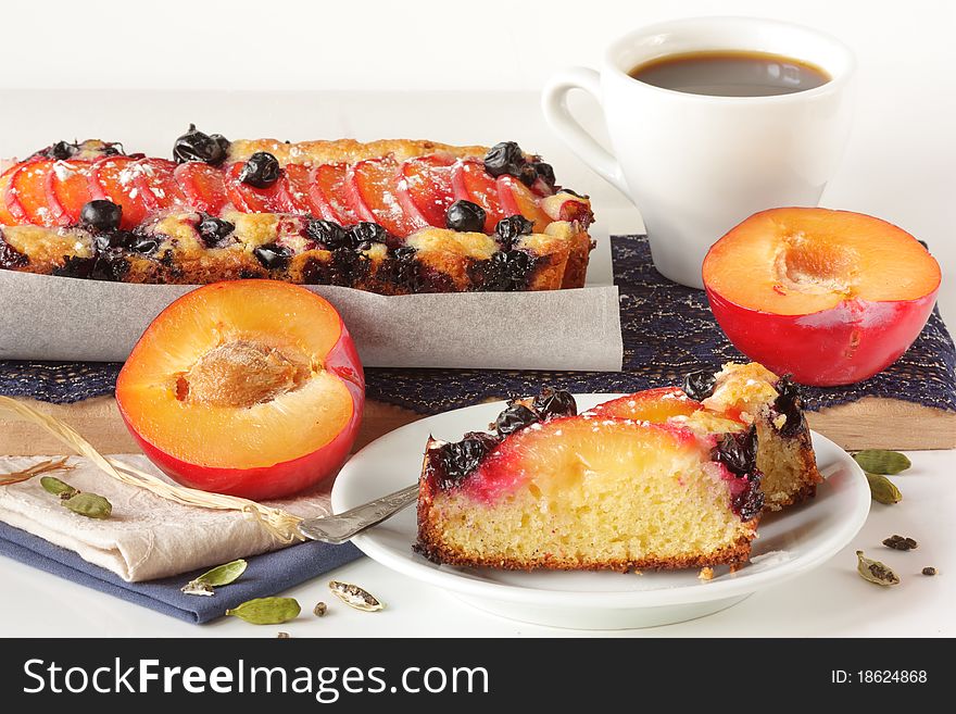 Fruitcake and cup of coffee.
