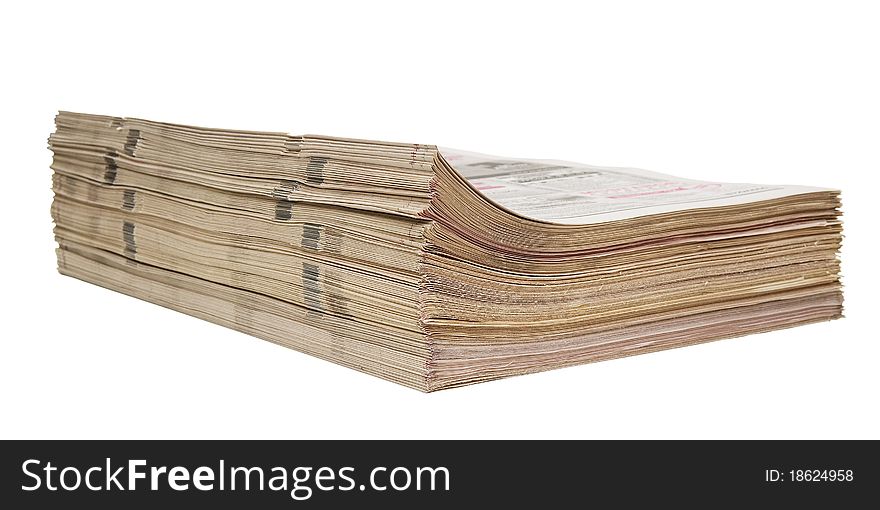 Thick bundle of newspapers isolated on white background