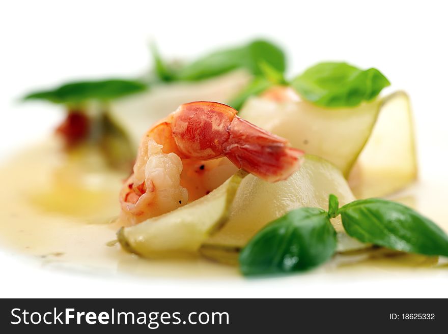 Studio close-up photography of a fried shrimp in a pear tree and decorated with sweet sauce mint leaves