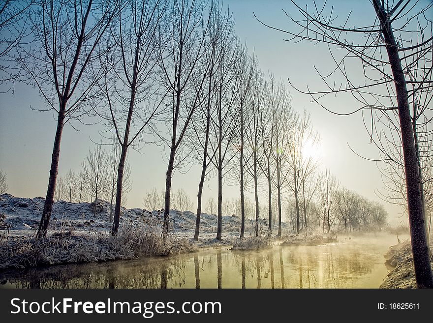 Winter landscape with snow coverd land and a river.