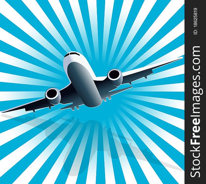 Illustration, plane on blue ray on white background