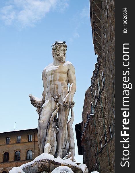 Statue of Poseidon on top of the Neptune Fountain by Amannati. Statue of Poseidon on top of the Neptune Fountain by Amannati