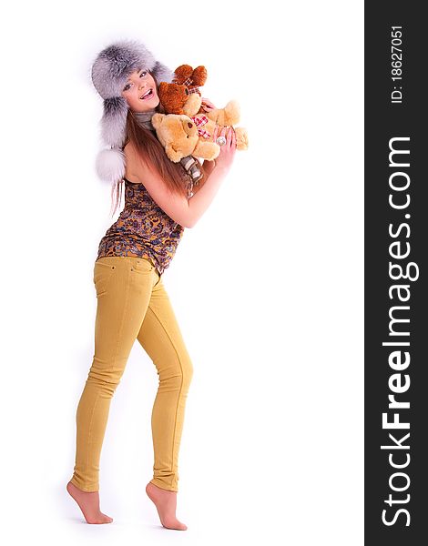 Beautiful longhair girl is holding the teddy bears. Beautiful longhair girl is holding the teddy bears