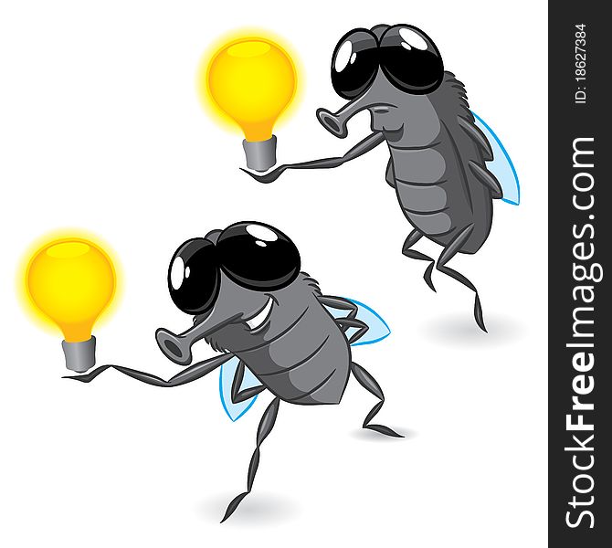 Two Flies Holding Light Bulbs