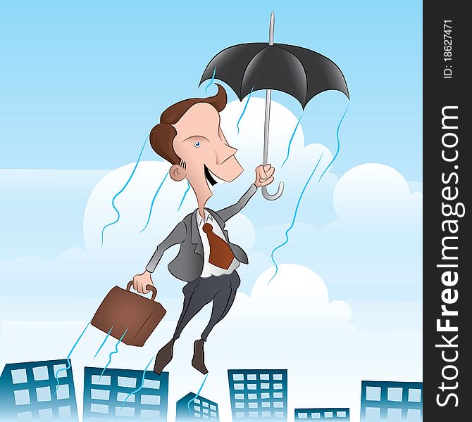 A businessman flying high with his umbrella. Perfect picture to illustrate bright career. eps file included. A businessman flying high with his umbrella. Perfect picture to illustrate bright career. eps file included.