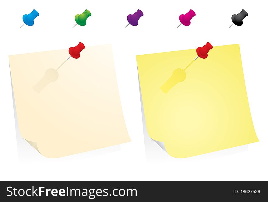 Yellow paper note with colorful pins. eps file included.