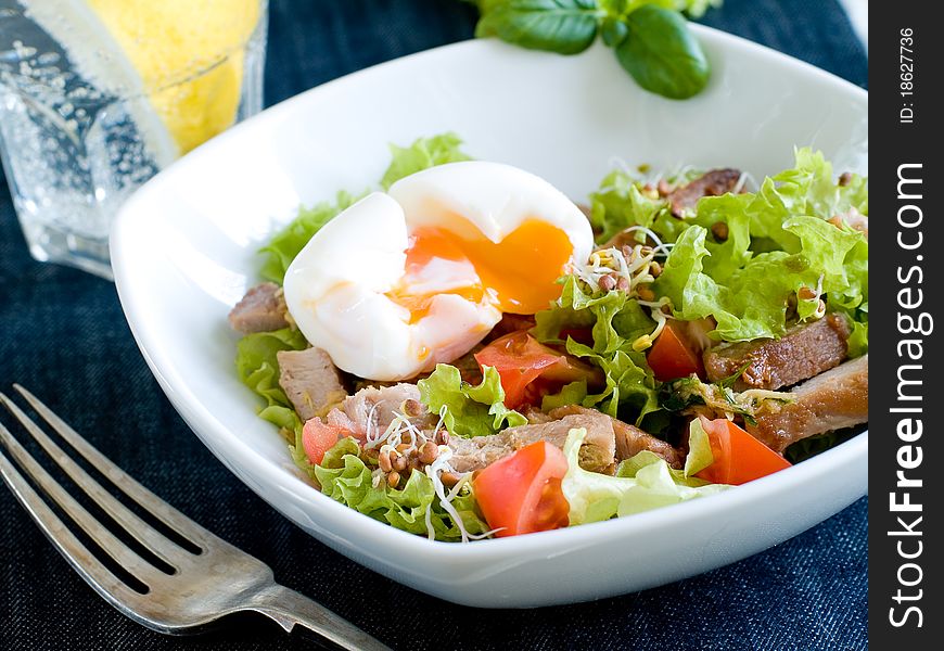 Lettuce and beef vegetable salad, with egg. Delicious healthy eating.