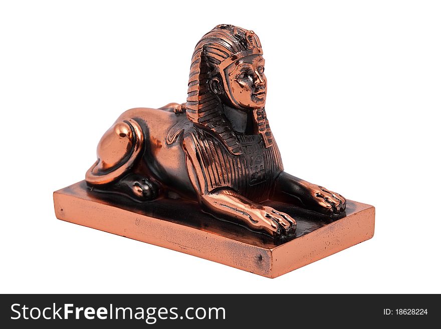 Little bronze Egyptian sphinx on white background