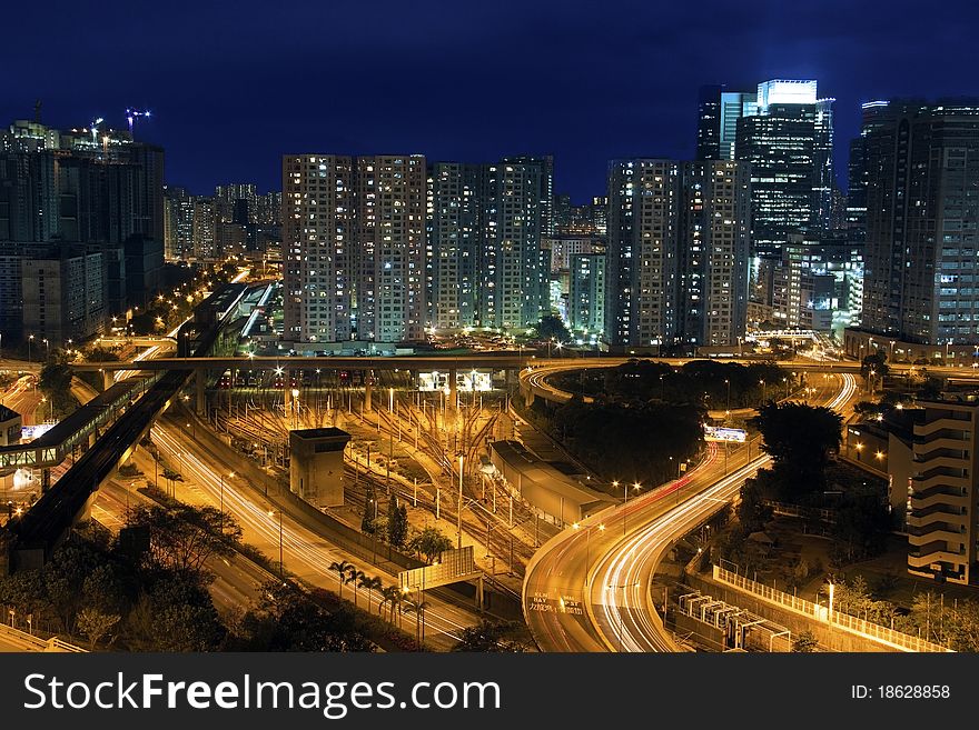 Modern Building in Hong Kong, in night time.