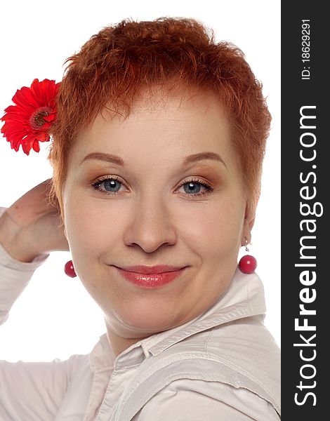 Woman with red flower isolated on white