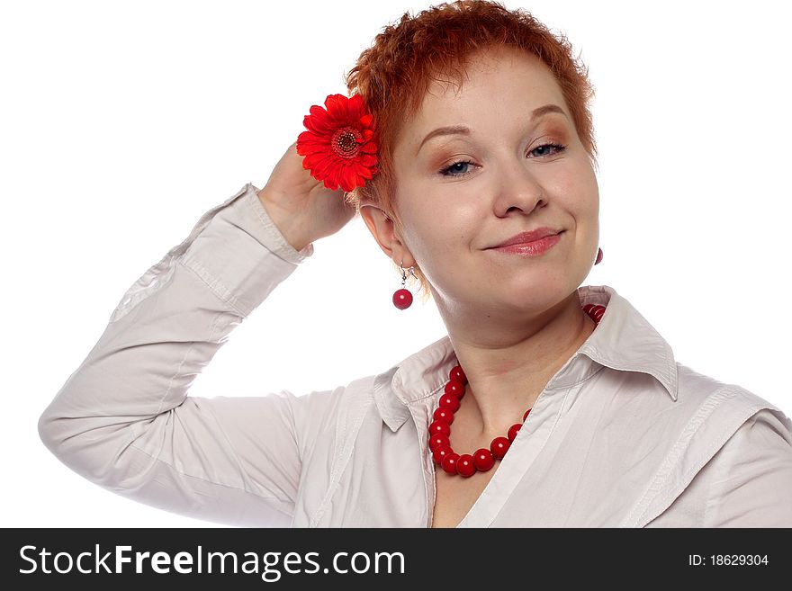 Woman with red flower isolated on white