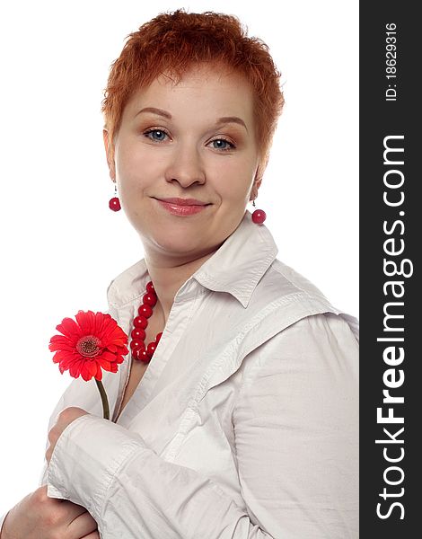 Woman with red flower isolated on white