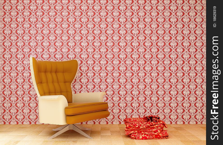 Chair and a red tablecloth in the room with the old wallpaper