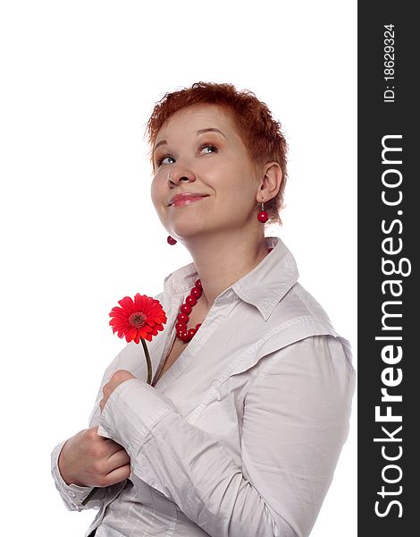 Woman with red flower isolated on white