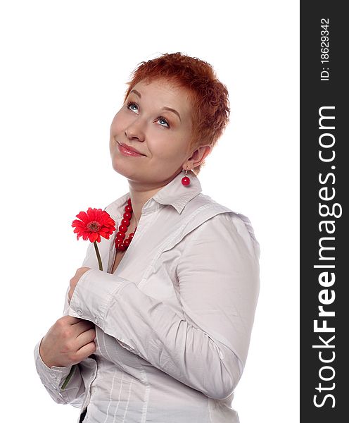 Woman with red flower isolated on white