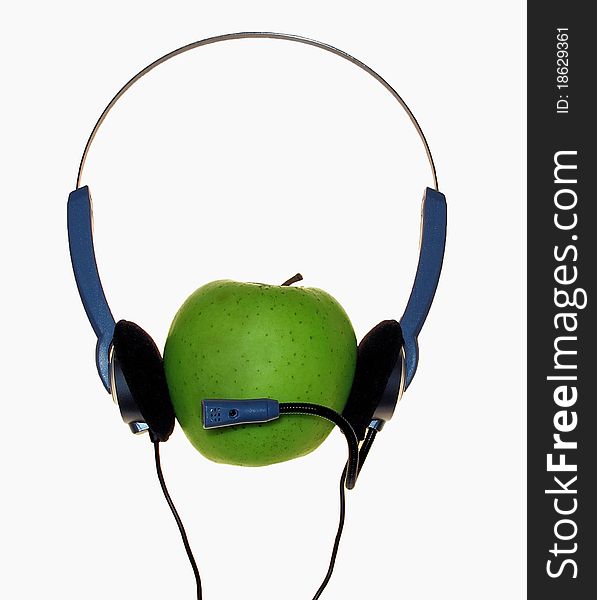 Apple with headphones, listen and chat. Apple with headphones, listen and chat