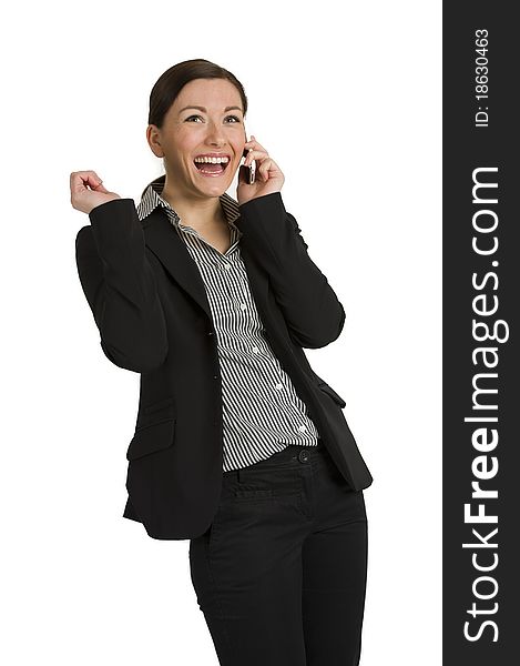 Portrait of a cute confident business woman laughing with mobile phone isolated against white. Portrait of a cute confident business woman laughing with mobile phone isolated against white