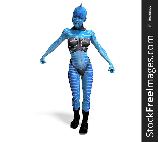 Female blue fantasy alien. 3D rendering with clipping path and shadow over white