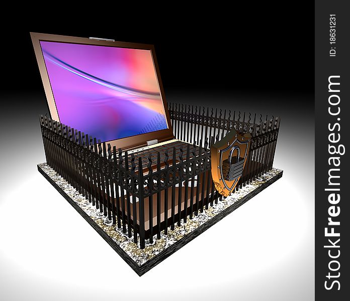 Computer-generated 3D illustration depicting a laptop personal computer surrounded by a fence. Computer-generated 3D illustration depicting a laptop personal computer surrounded by a fence