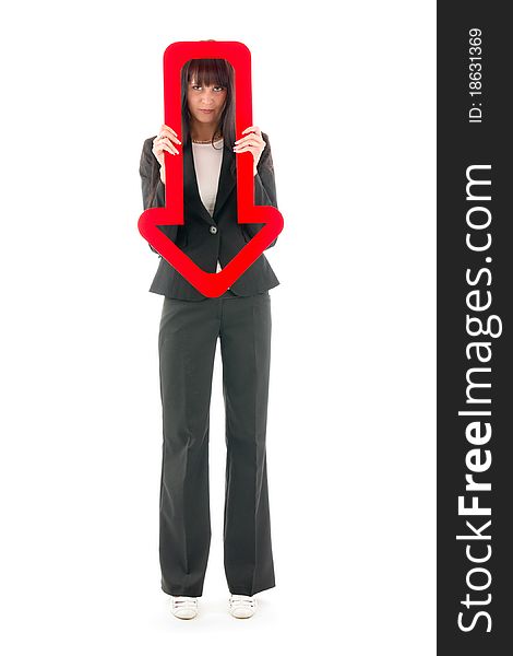 Sad woman with red arrow downwards, on white background. Sad woman with red arrow downwards, on white background.