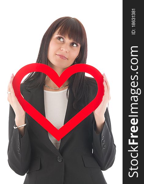 Woman with red heart, on white background.